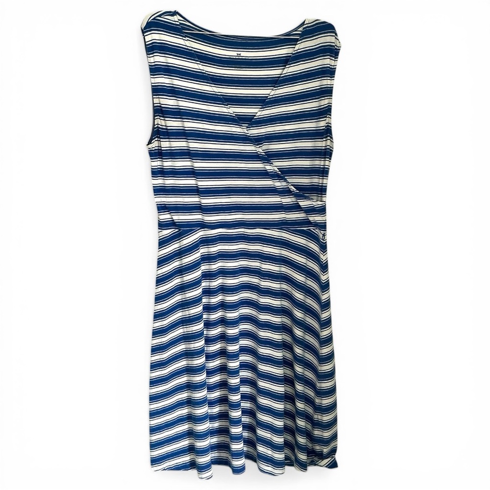 Talbots Blue & Cream Striped Faux Wrap Dress Size L Sleeveless Stretch Midi
